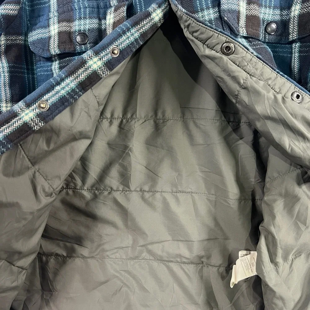 Distressed Woolrich Mens M Blue Plaid Quilted Flannel Shirt Jacket Snap‎ Front